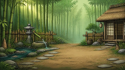A bamboo grove with a stone lantern and a thatched teahouse