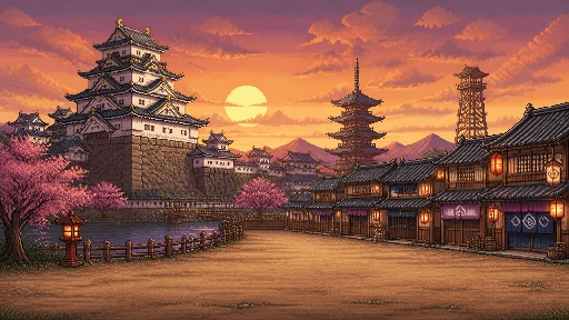 A castle and pagoda over a lantern-lit street at sunset