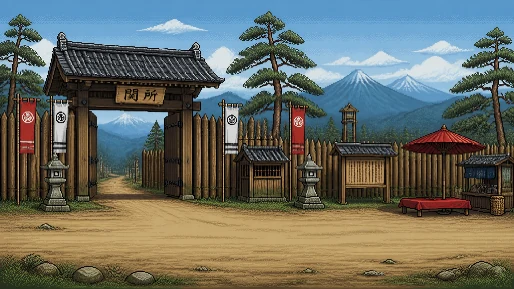 A pixel-art checkpoint gate with a wooden palisade, banners and mountains behind