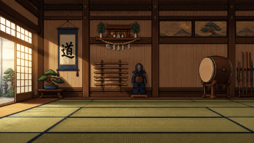 A pixel-art dojo with tatami mats, a taiko drum, wooden practice swords and a scroll reading 道, the way