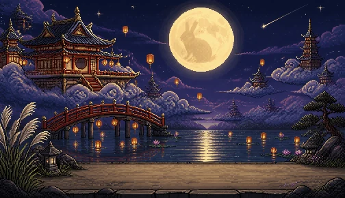 A palace on the clouds under a full moon, with floating lanterns on the water