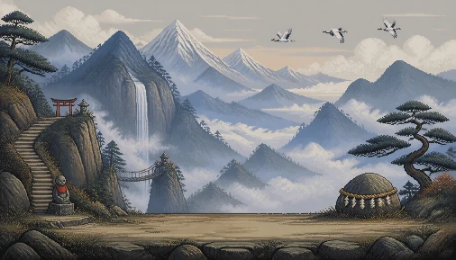 Misty mountains with a waterfall, a rope bridge and cranes