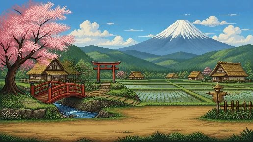 A pixel-art village with rice fields, a red bridge, cherry blossom and Mount Fuji behind it